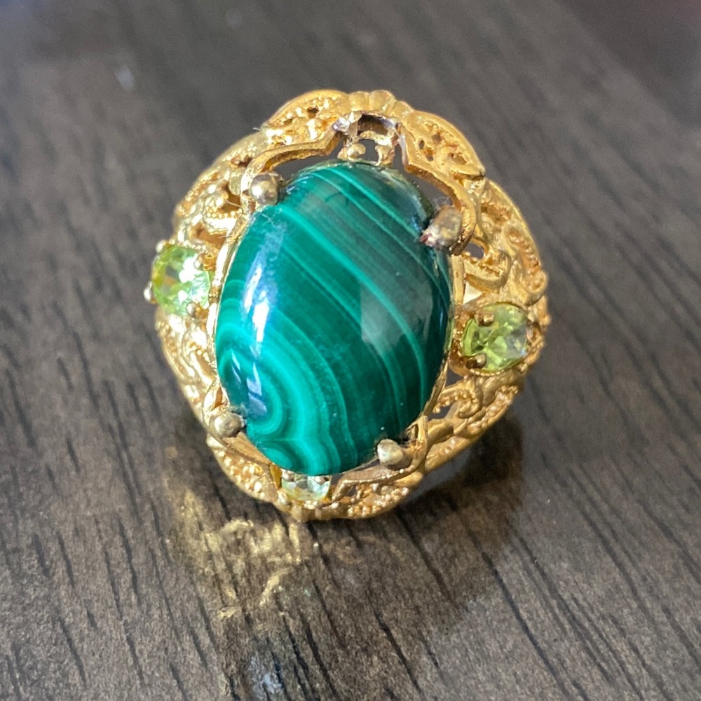 Malachite and Peridot Ring; GbD; Size 8